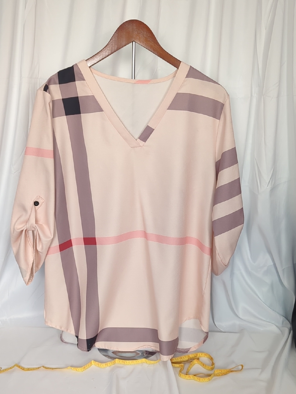 Women's Blush Plaid V-Neck Tunic Top